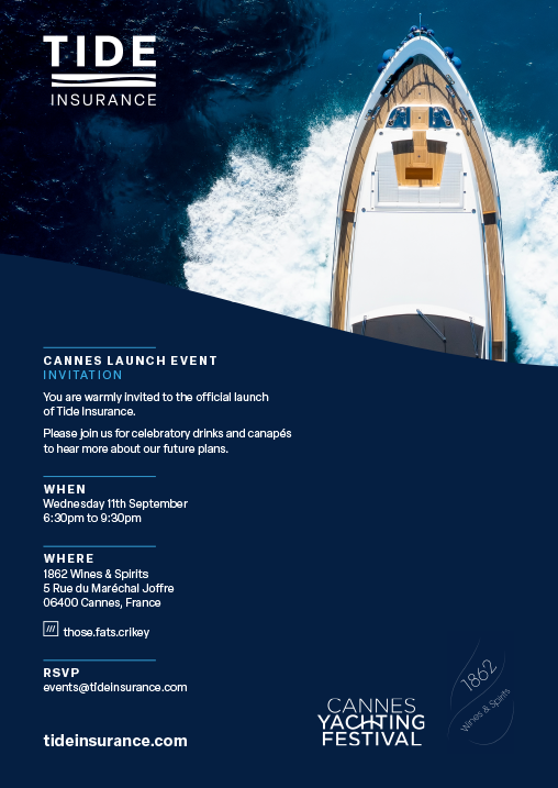 Invitation for the Cannes launch event of Tide Insurance, featuring a top view of a yacht at sea with dark blue water and white waves, and event details including date, time, location, and RSVP information.
