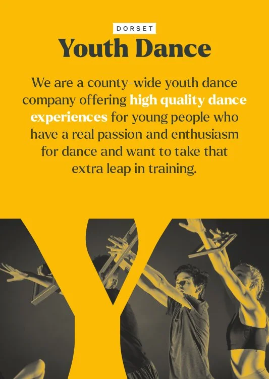 Poster for Dorset Youth Dance, featuring a group of young dancers holding wooden dance props against a dark background, with a large yellow Y-shape design and yellow background at the top.