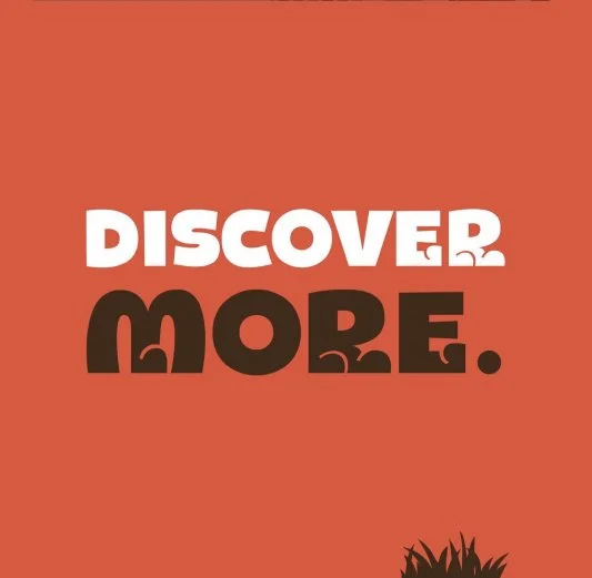 Text saying "Discover More" on a red background with a small black grass illustration at the bottom.