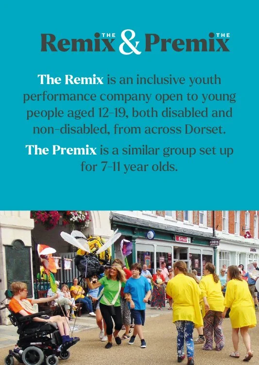 Flyer explaining the Remix and Premix youth performance groups; background scene of children and adults in colorful clothing performing outdoors in a street festival.