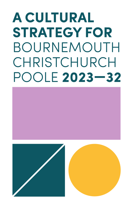 Cover page of a report titled 'A Cultural Strategy for Bournemouth Christchurch Poole 2023-32' with geometric shapes including a purple rectangle, a dark green square with a white diagonal line, and a yellow circle.