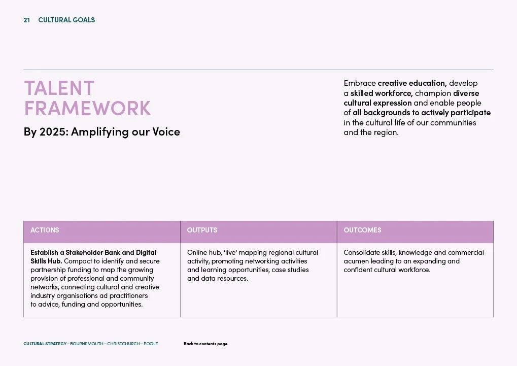 A page from a document outlining 'Cultural Goals' with the heading 'Talent Framework by 2025: Amplifying our Voice'. It discusses embracing creative education, developing a skilled workforce, and enabling cultural participation, including a table about establishing a stakeholder bank and digital skills hub.