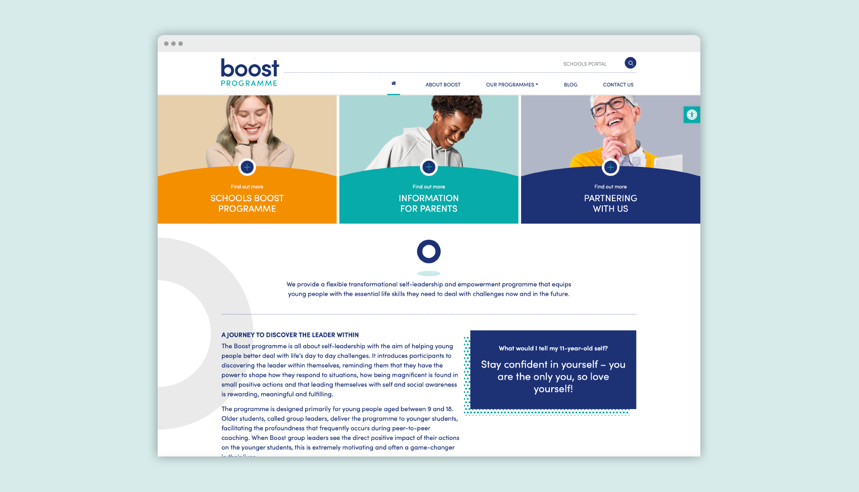 Website homepage for the Boost Programme, featuring three main sections: Schools Boost Programme, Information for Parents, and Partnering with Us, with images of smiling young people and an older woman.