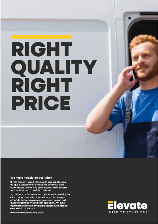 A man with red hair and a beard talking on a cell phone outdoors next to a van with a sign that reads 'Right Quality Right Price'.