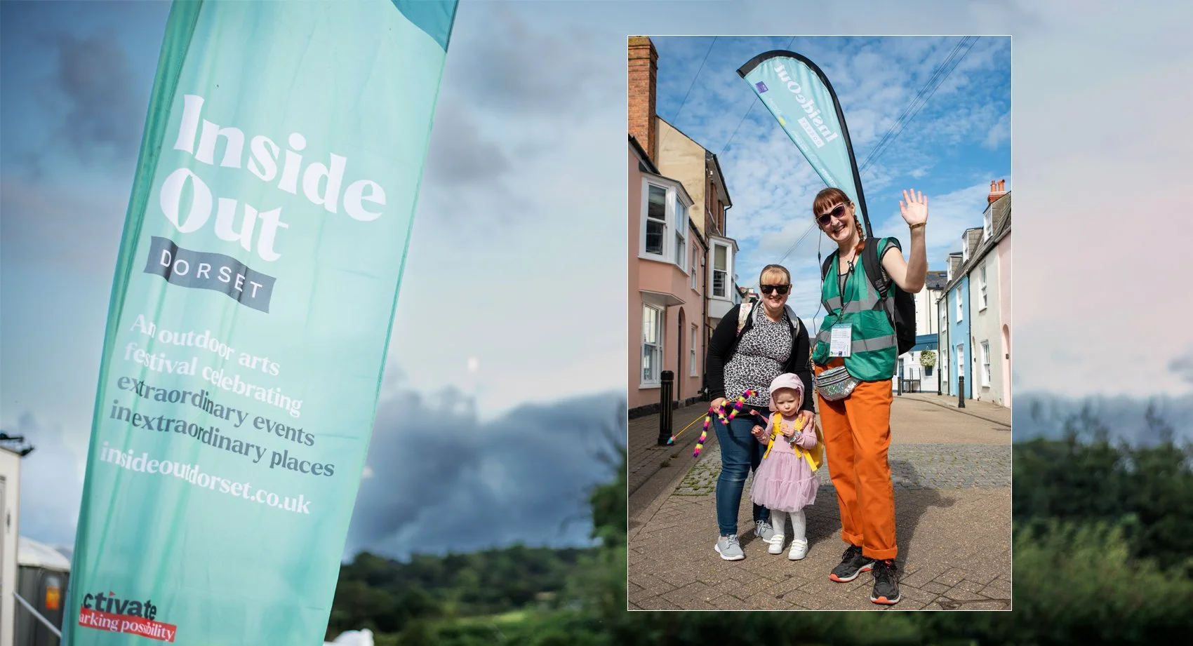A large teal banner with white text promoting Inside Out Dorset festival, an outdoor arts event. In the background, three people, including a woman, a man, and a child, are standing on a street with colourful houses during daytime.