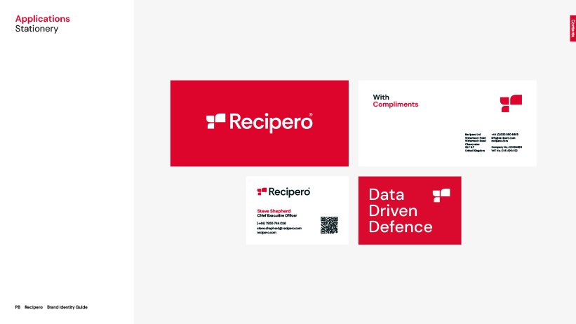 Business cards for Recipero with red and white branding, displaying contact information and the phrase 'Data Driven Defence'.