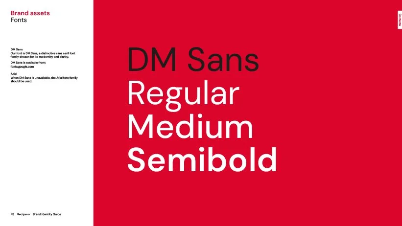 An image displaying different font weights of the DM Sans typeface, including Regular, Medium, Semibold, with a red background and black and white text.