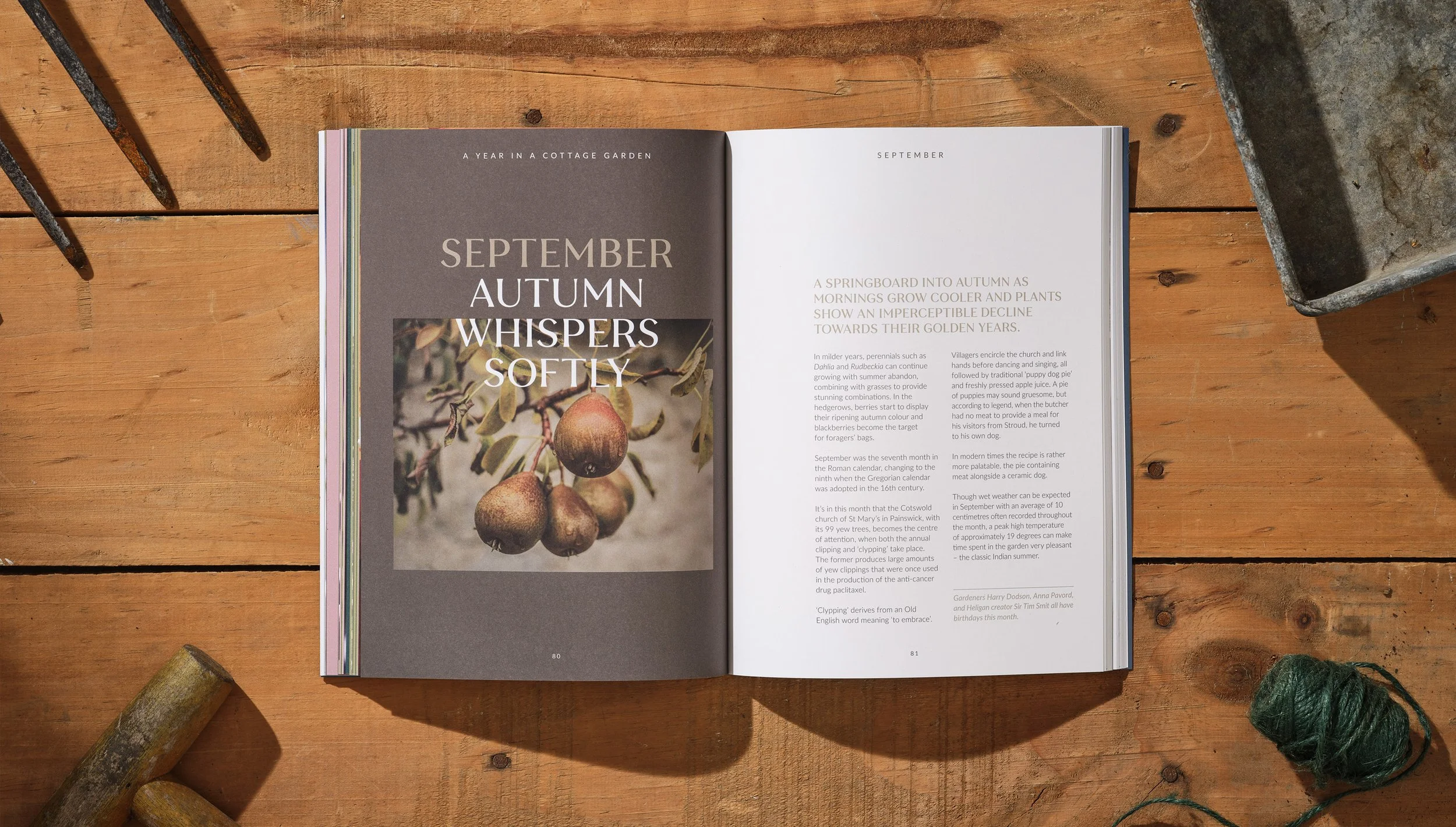 An open magazine on a wooden table, displaying a two-page article about September in a cottage garden with a photograph of pears on a branch on the left page and text on the right page.