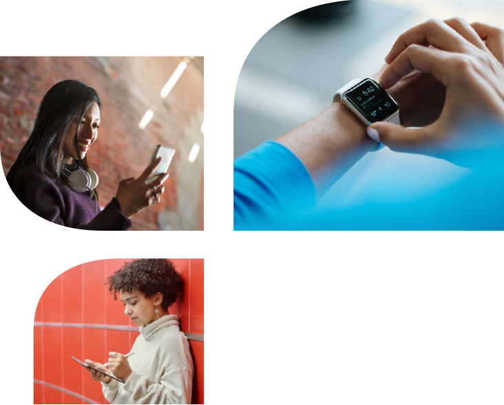 Three teens using smartphones and a smartwatch, one standing with headphones around neck, another leaning against a red wall, all engaged with their devices
