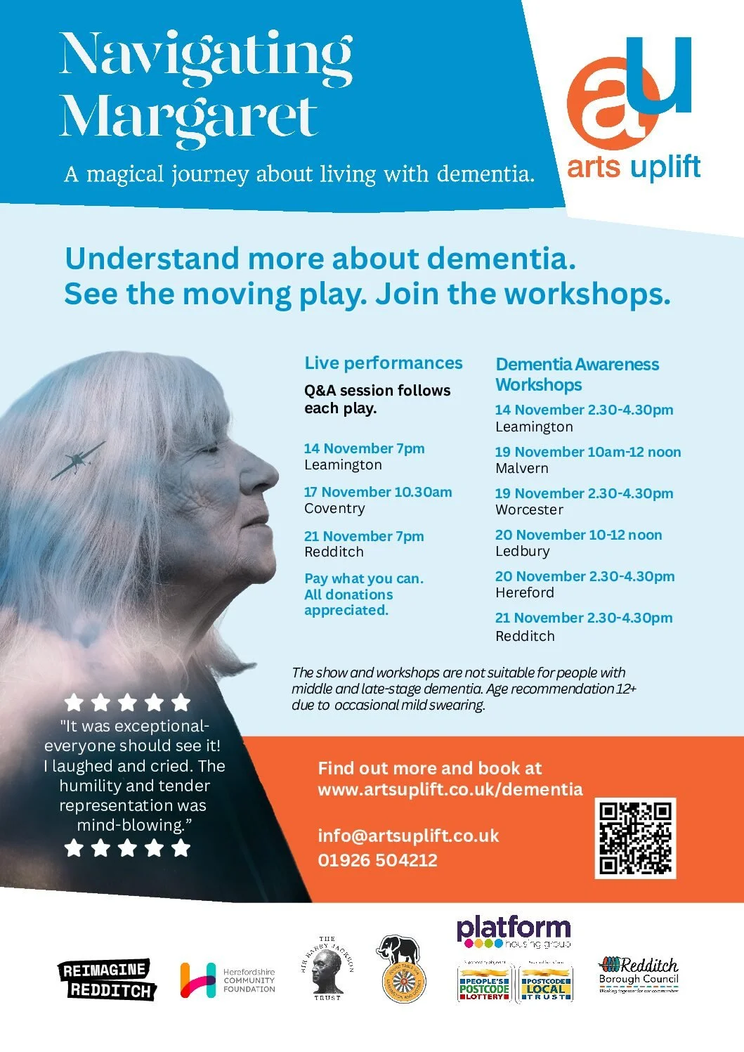 Flyer for Navigating Margaret, a theatrical performance and workshop series about living with dementia, featuring a profile of an elderly woman with long white hair and a small bird silhouette on her cheek, with event details and sponsors at the bottom.
