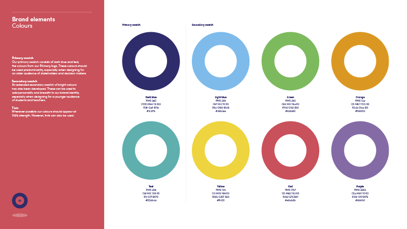 Color palette showing primary and secondary colors with their names and codes, including dark blue, light blue, green, orange, teal, yellow, red, and purple.