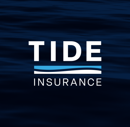Tide Insurance logo with blue waves on a dark background.