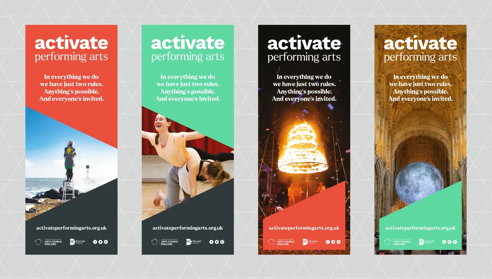 Four vertical banners promoting the 'Activate Performing Arts' program, each with the same slogan and different images: a person on a ladder by the sea, a group dancing, a fireworks display, and a moon visible through an arched hall.