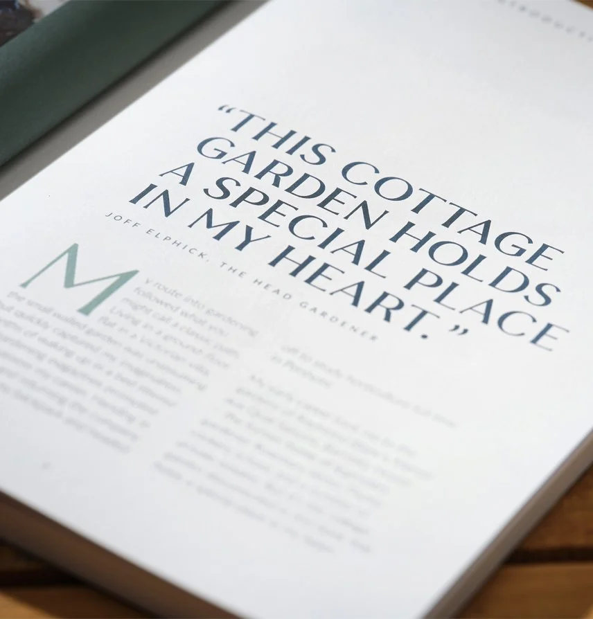 Page from a magazine or book with a quote in large font about garden sculpture, attributed to Joff Elphick, along with a large green letter 'M' and paragraph text.