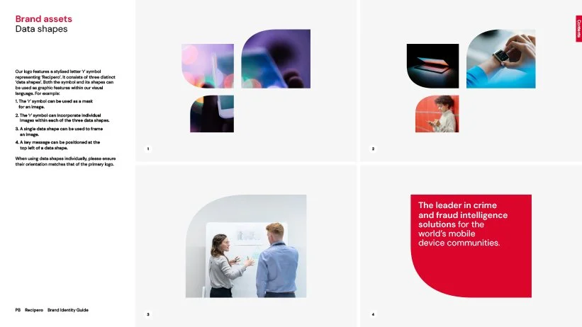 A brand identity guide with data shapes, including abstract colorful and tech-related images, and a red block of text stating 'The leader in crime and fraud intelligence solutions for the world's mobile device communities.'