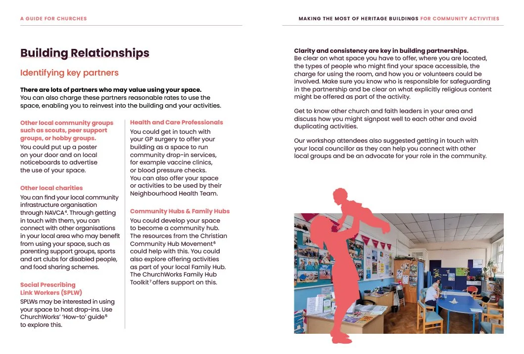 A guide page explaining how to build relationships with community partners, including local community groups, health and care professionals, community hubs, and charities, with a photograph of an indoor community space featuring informational displays and a person arranging items.