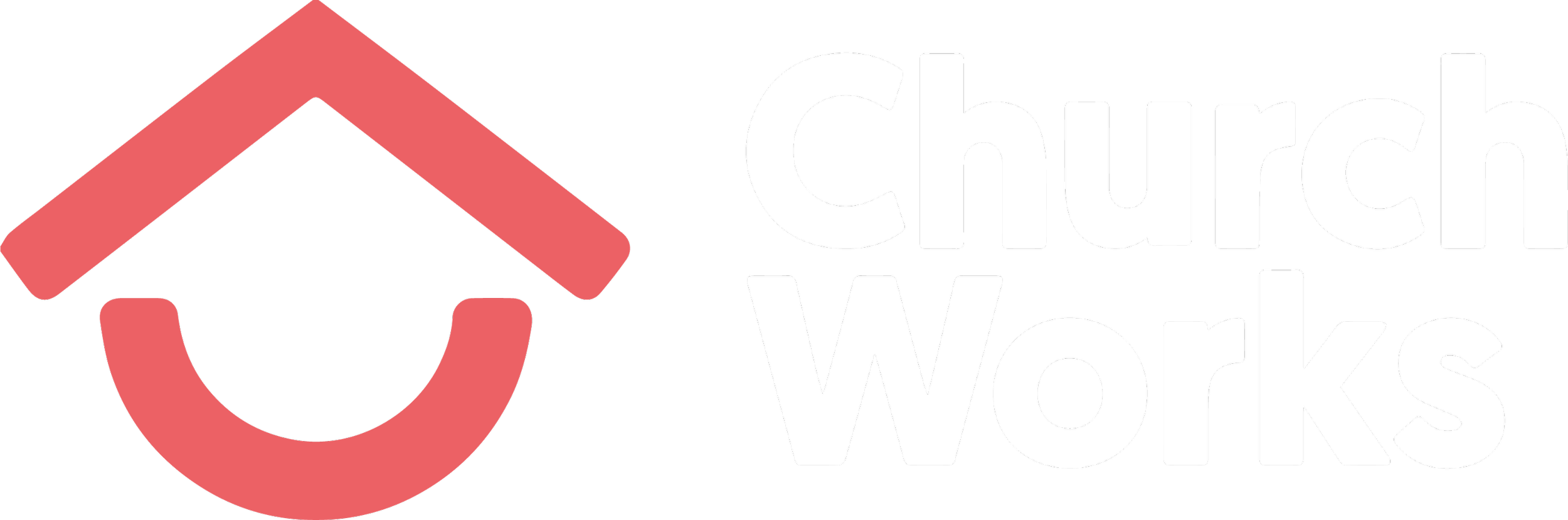 Logo of Church Works, featuring a red house roof and a smiley face, with the text 'Church Works' in white.