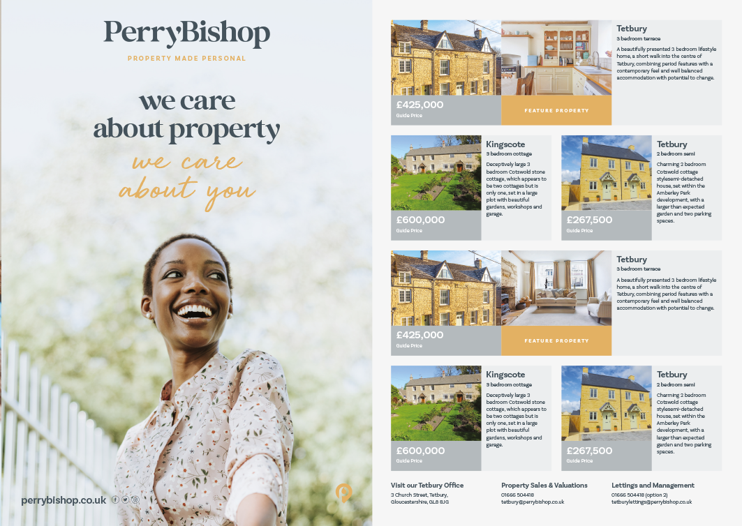 Real estate flyer showcasing property listings from Perry Bishop, including images and prices for different homes in Tetbury and Kingscote, with a large smiling woman on the left side.