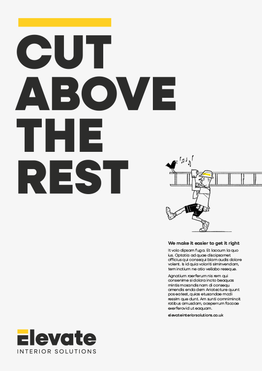 Flyer for Elevate Interior Solutions with the slogan 'Cut Above the Rest' in bold black letters, a cartoon character fixing a ladder, and placeholder text.