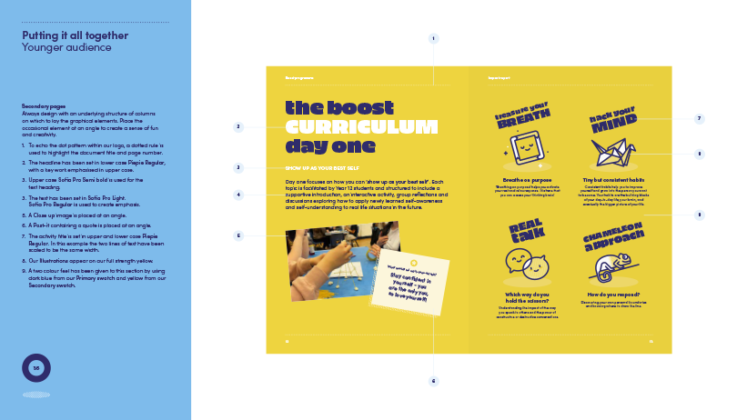 Open booklet page with yellow and purple design titled 'The Boost Curriculum Day One,' featuring sections about breathing, mind, real talk, and challenge on a bright yellow background, with photographs and icons, and a blue sidebar on the left with page number 56.