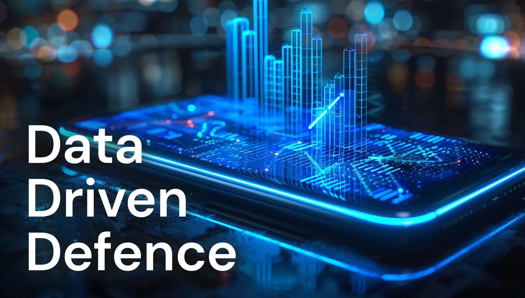 A digital illustration showing a smartphone with holographic bar graphs and data points emerging above it, glowing in blue tones. The text 'Data Driven Defence' is overlaid on the image.