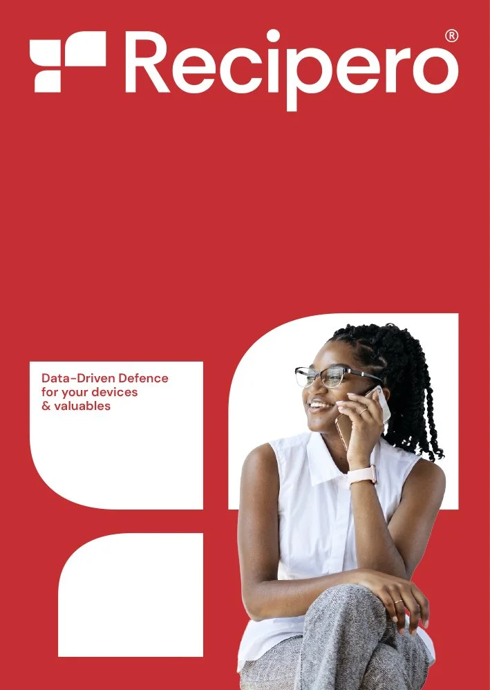 Red Recipro brochure with a woman talking on her phone, wearing glasses, a white sleeveless shirt, and gray pants, smiling and looking to the side.