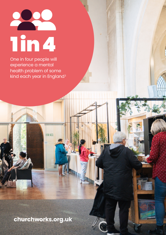 People inside a church or community center, some sitting and others in line at a buffet table, with a large red circle featuring a statistic about mental health in England, stating one in four people experience a mental health problem annually.