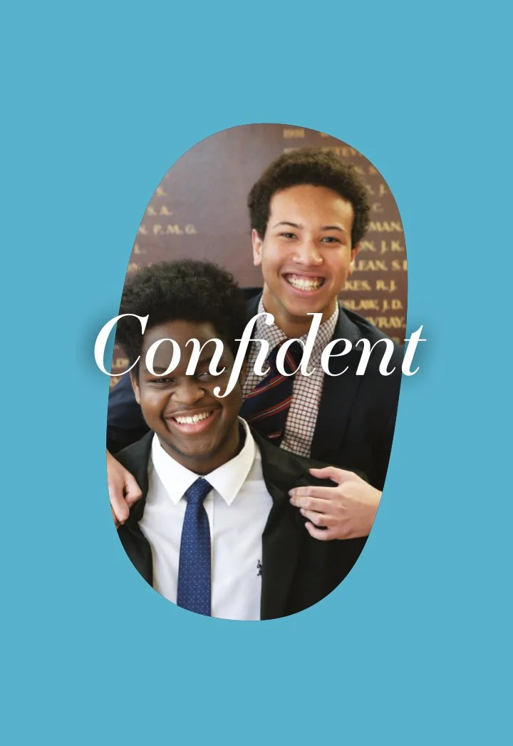 Two young men in suits smiling, with the word 'Confident' overlayed, on a bright blue background.