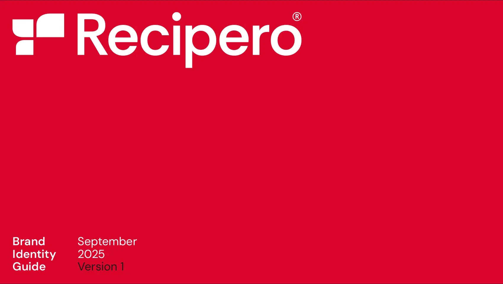 Red cover of a brand identity guide for Recipero, dated September 2025, Version 1.