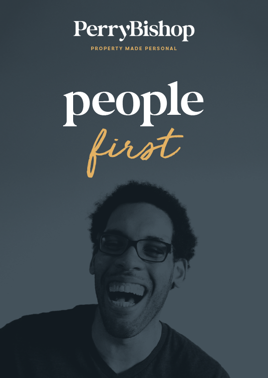 A smiling man with glasses features on a dark background promotional image with the text 'Perry Bishop Property Made Personal people first'.