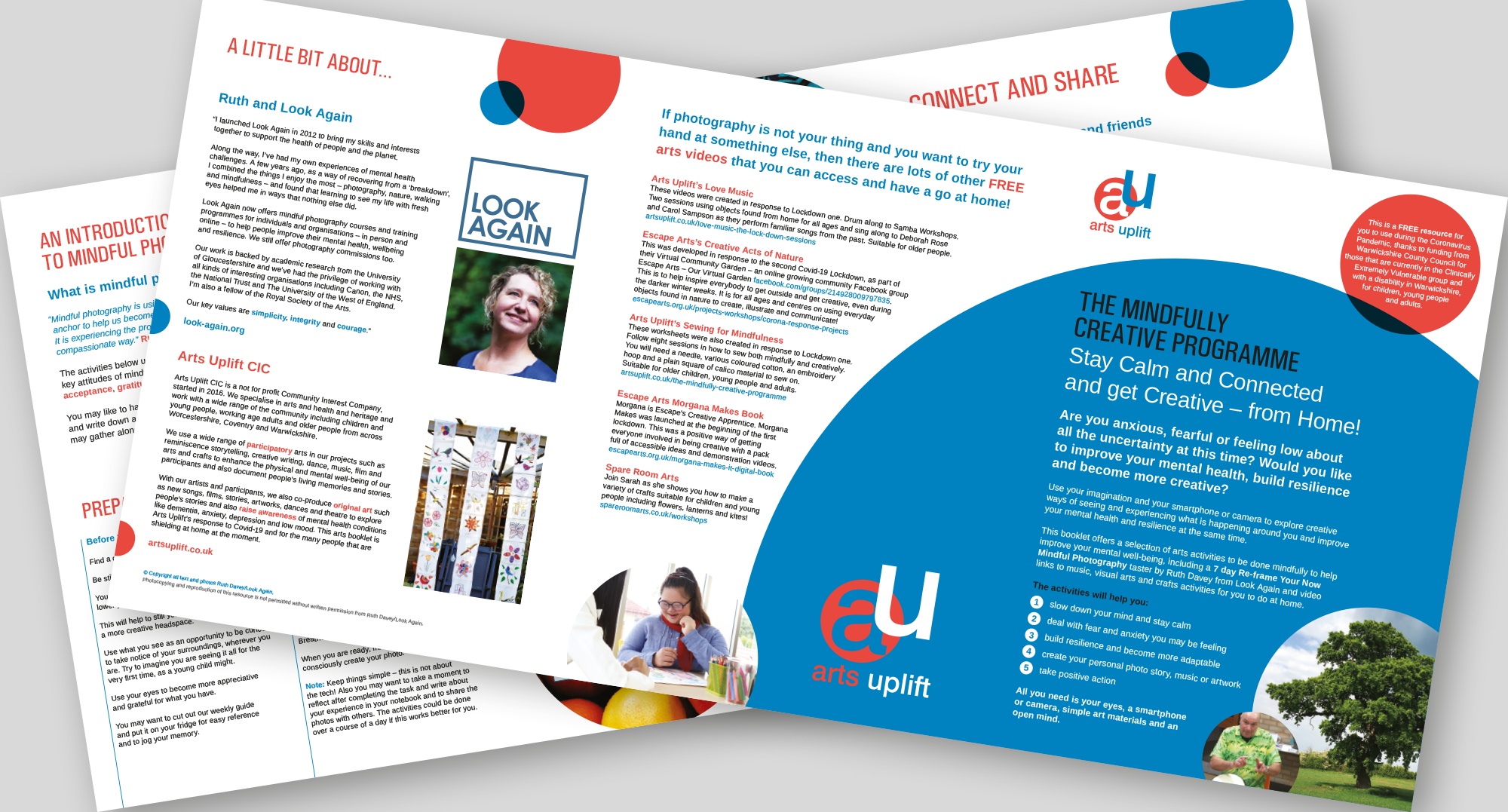 Colorful pamphlet titled "The Mindfully Creative Programme" with blue, red, and white design elements. Contains text about staying calm and connected from home, various activities, and the arts uplift logo. Includes images of a young woman, a child drawing, and a man in a park.