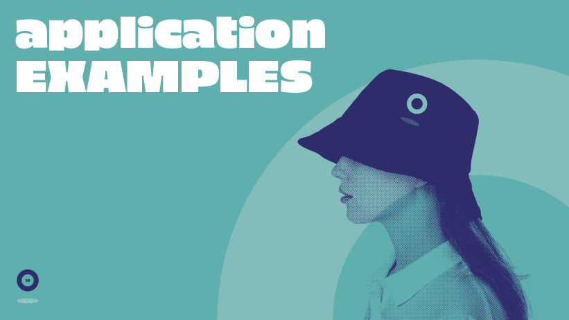 Stylized illustration featuring a woman in profile wearing a bucket hat, with the text 'application EXAMPLES' in large white capital letters on a teal background.
