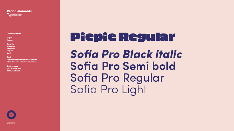 A font style guide displaying various typefaces of 'Piepie Regular' in different weights and styles, with a red sidebar listing font categories, and a main light pink background.