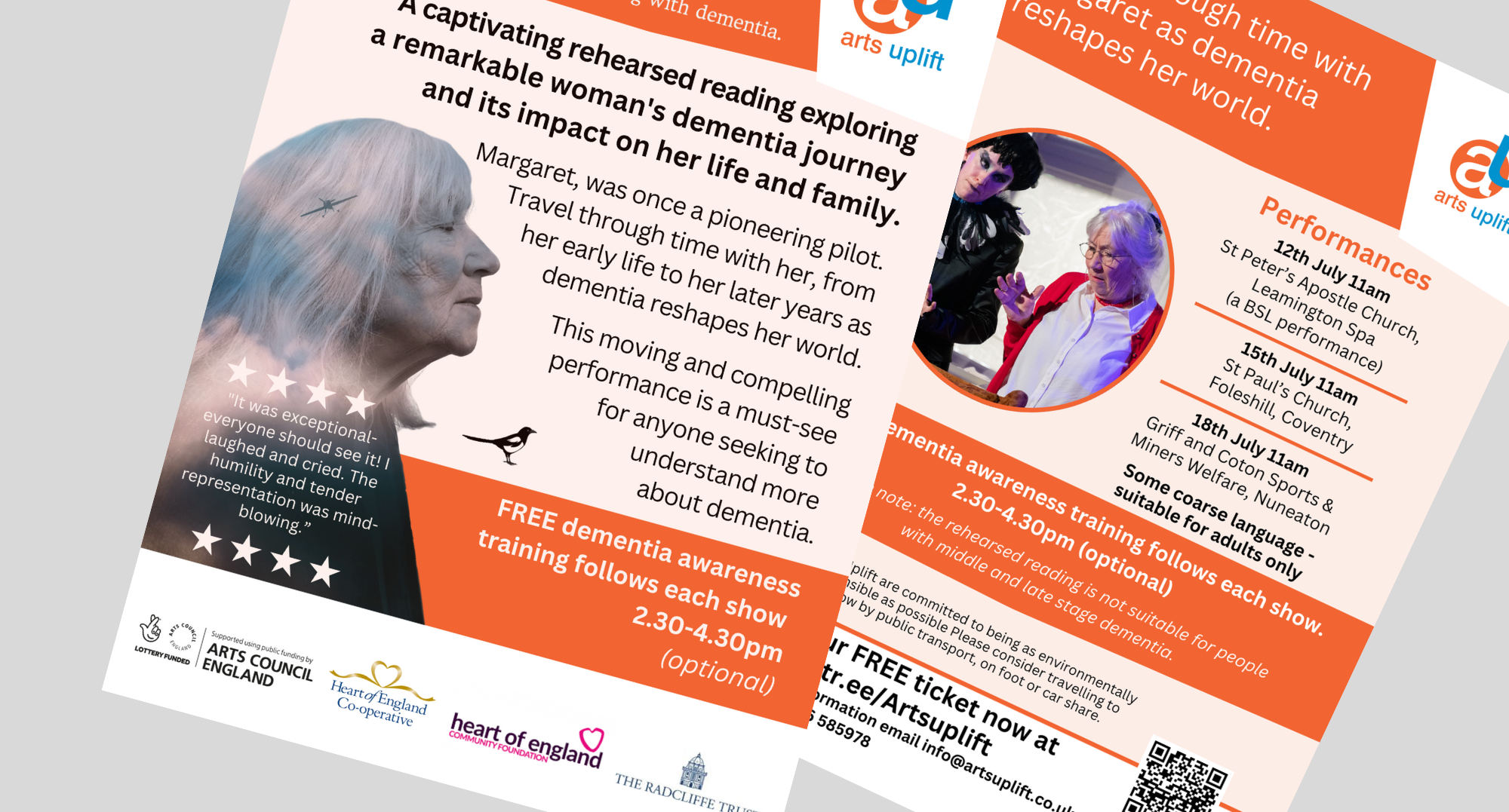 A flyer promoting dementia awareness training and performances organized by Arts Uplift. The flyer features a profile image of an elderly woman with light hair, along with information about the event dates, times, locations, and a quote about her experience with dementia. It includes logos of supporting organizations at the bottom and a QR code.