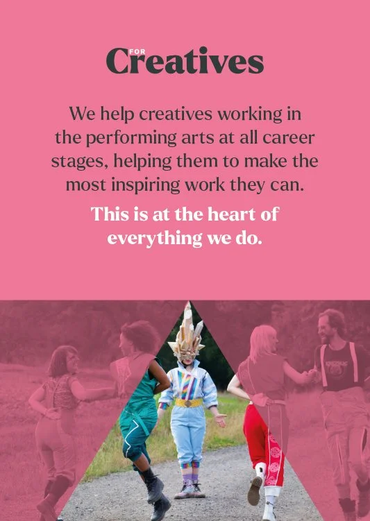 A promotional poster with a pink background and black text about supporting creative professionals in performing arts. The bottom section features a semi-transparent pink overlay with children running outdoors, with a central child wearing a colorful costume and paper crown.