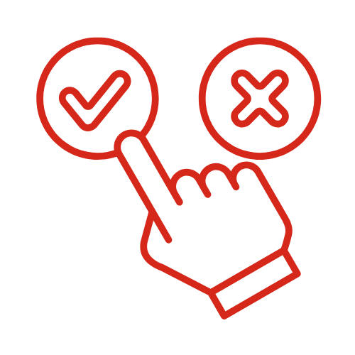 A hand pointing at a checkmark circle and an x circle, representing approval and disapproval options.
