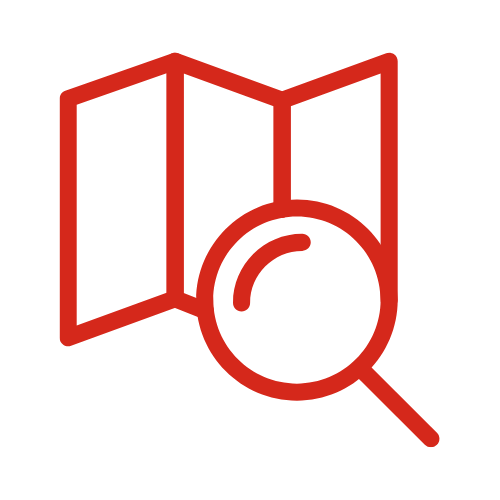 Red outline of a folded map and a magnifying glass icon.