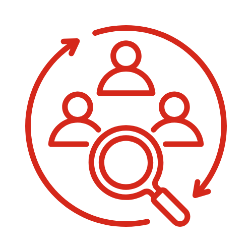 Icon of three people with a magnifying glass and circular arrows indicating search or analysis in a group.