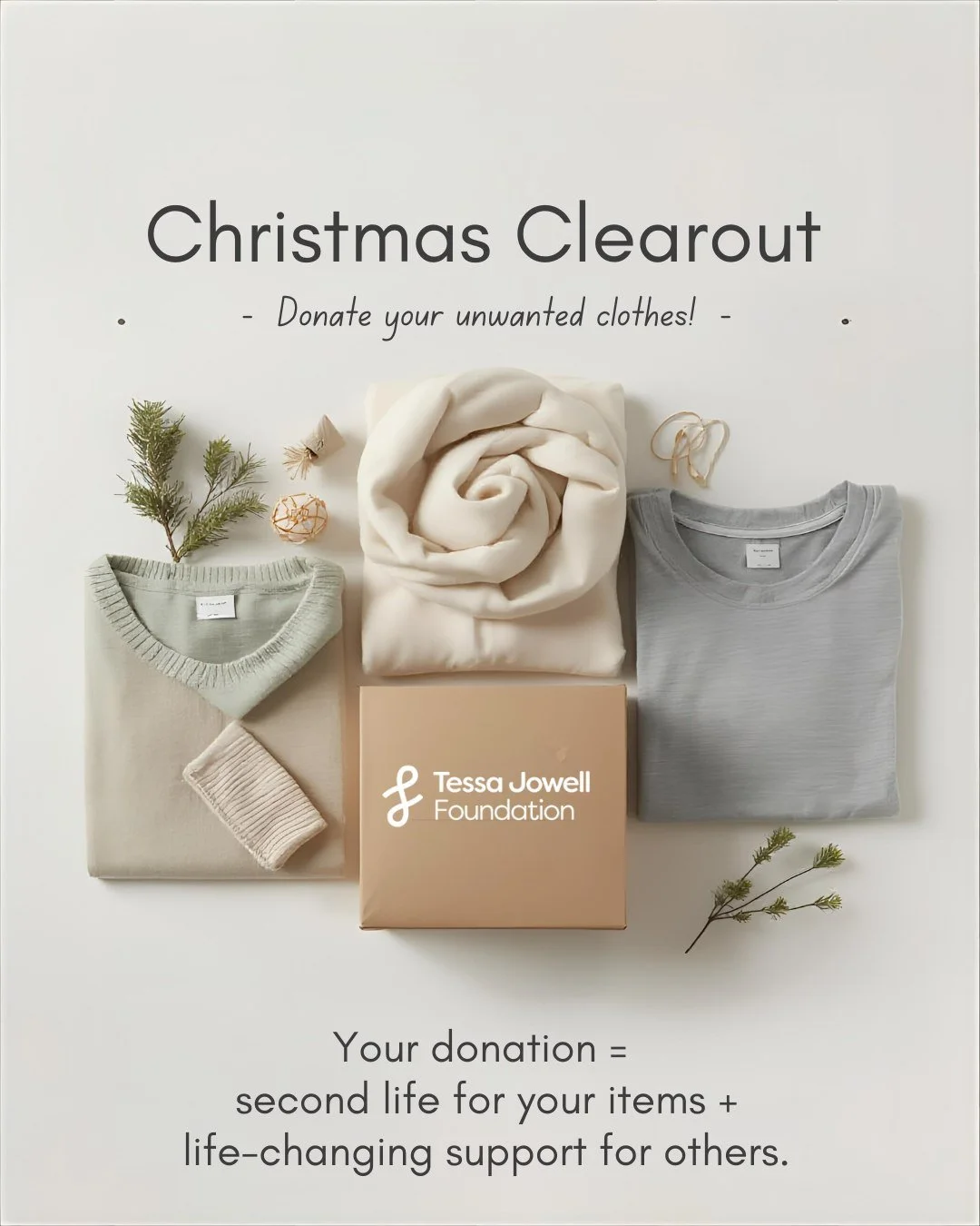 🎄 Christmas Clear-Out with a Purpose 

This festive season, your pre-loved pieces can do so much more than make space in your wardrobe - they can change lives.

By donating your unwanted clothes, handbags, or accessories, you&rsquo;re turning genero