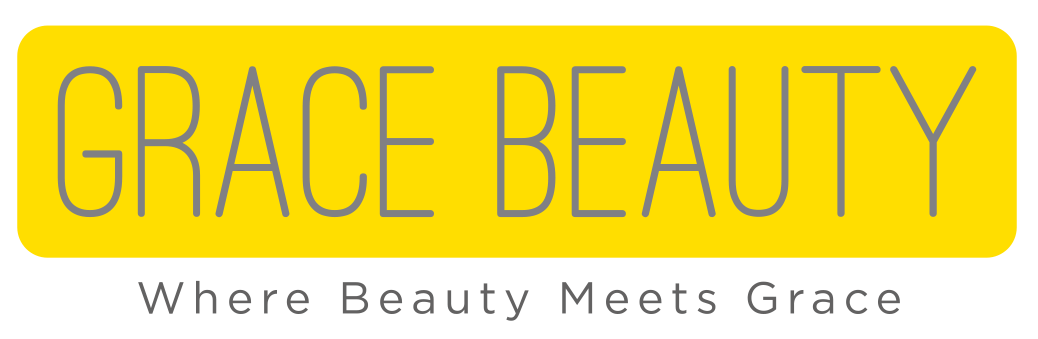Yellow and grey logo which says Grace Beauty Where Beauty Meets Grace