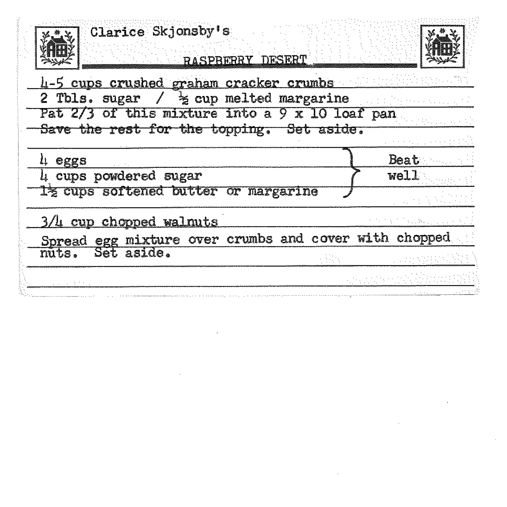 Raspberry Dessert recipe from Clarice’s collection