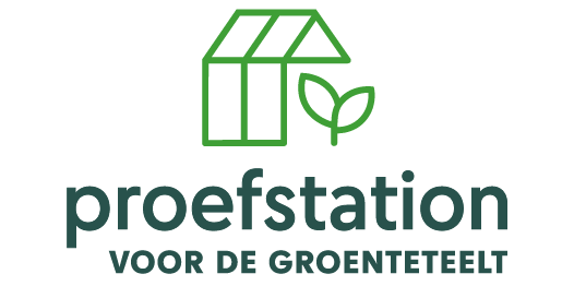 Logo of a green house with a leaf and the words 'proefstation voor de groenteteelt' in Dutch.