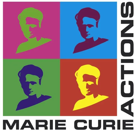 Colorful pop art portraits of Marie Curie arranged in a 2x2 grid, with a vertical 'ACTIONS' label on the right, and her name at the bottom.
