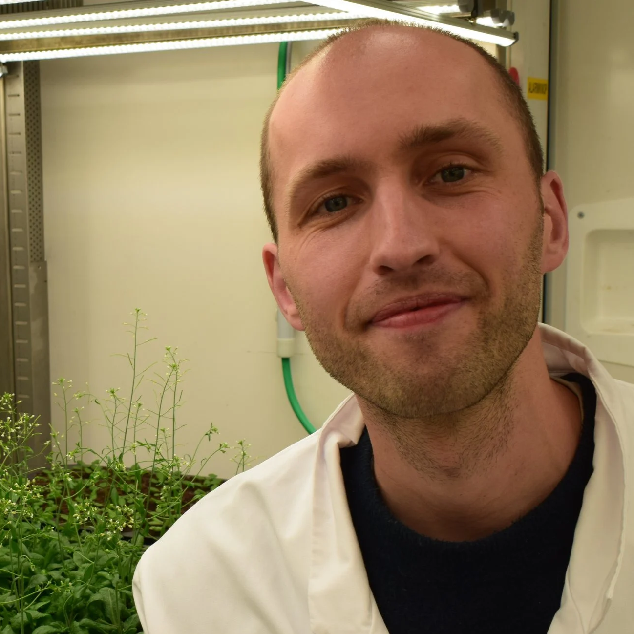 A man with a shaved head and light skin smiling while taking a selfie in a laboratory or plant research environment, with green plants and scientific equipment in the background.