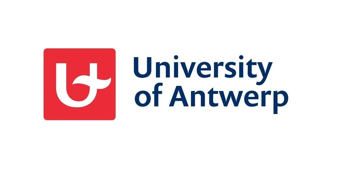 Logo of University of Antwerp, featuring a red square with a white abstract letter 'u' and the university name in dark blue text.