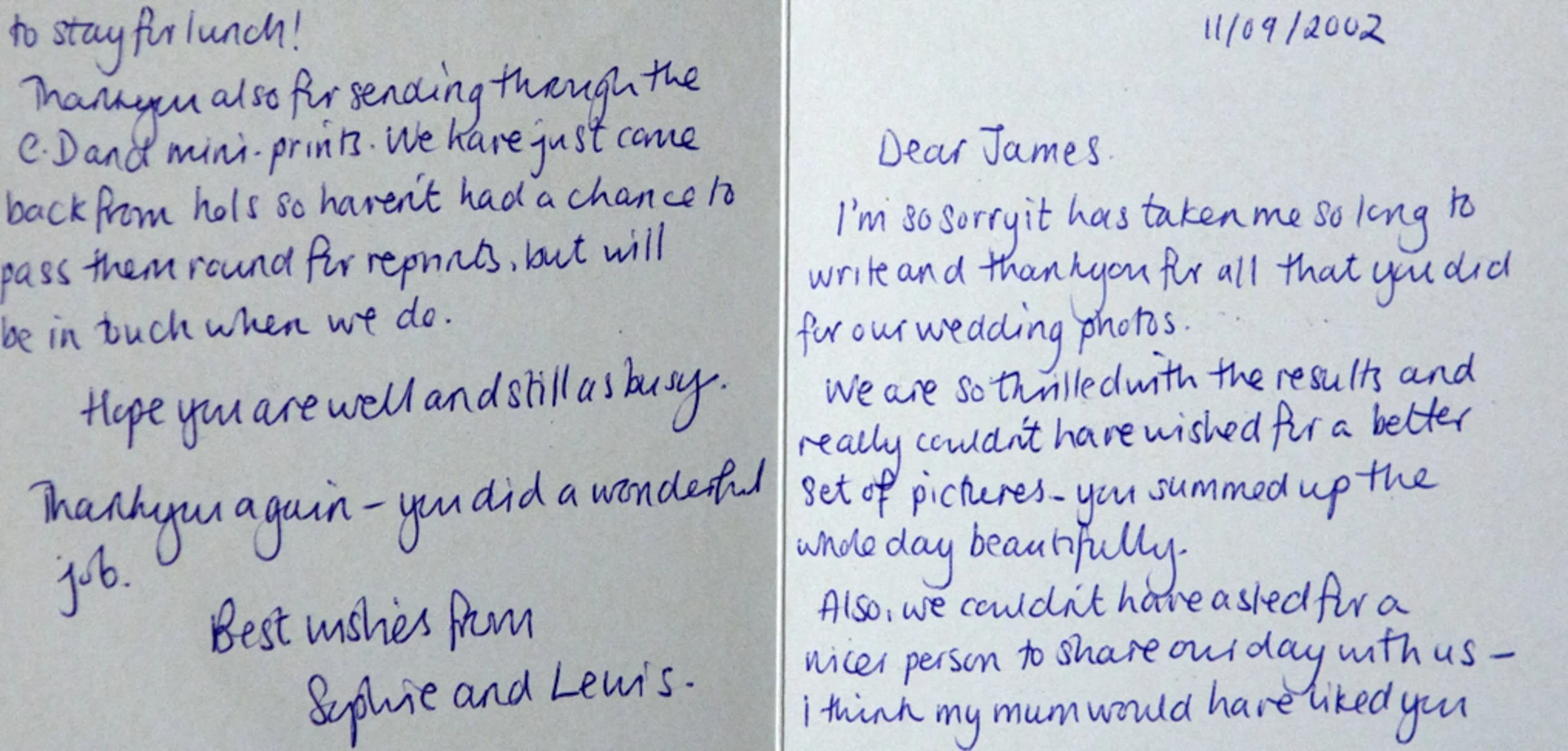 Handwritten letter dated 11/09/2002, addressed to James, expressing gratitude for wedding photos and sharing personal updates.
