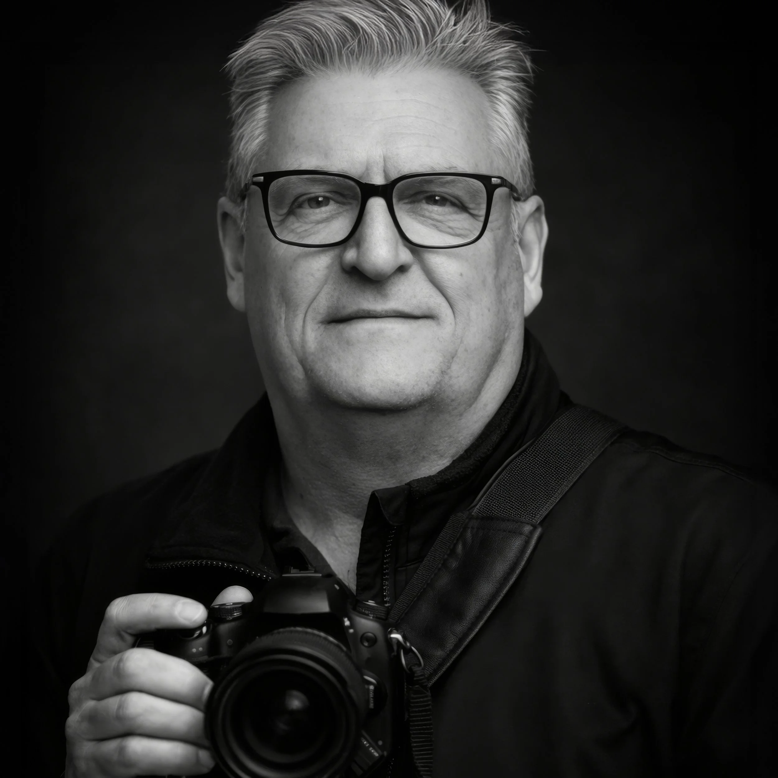 Black and white portrait of James Bignell  with glasses holding a camera.