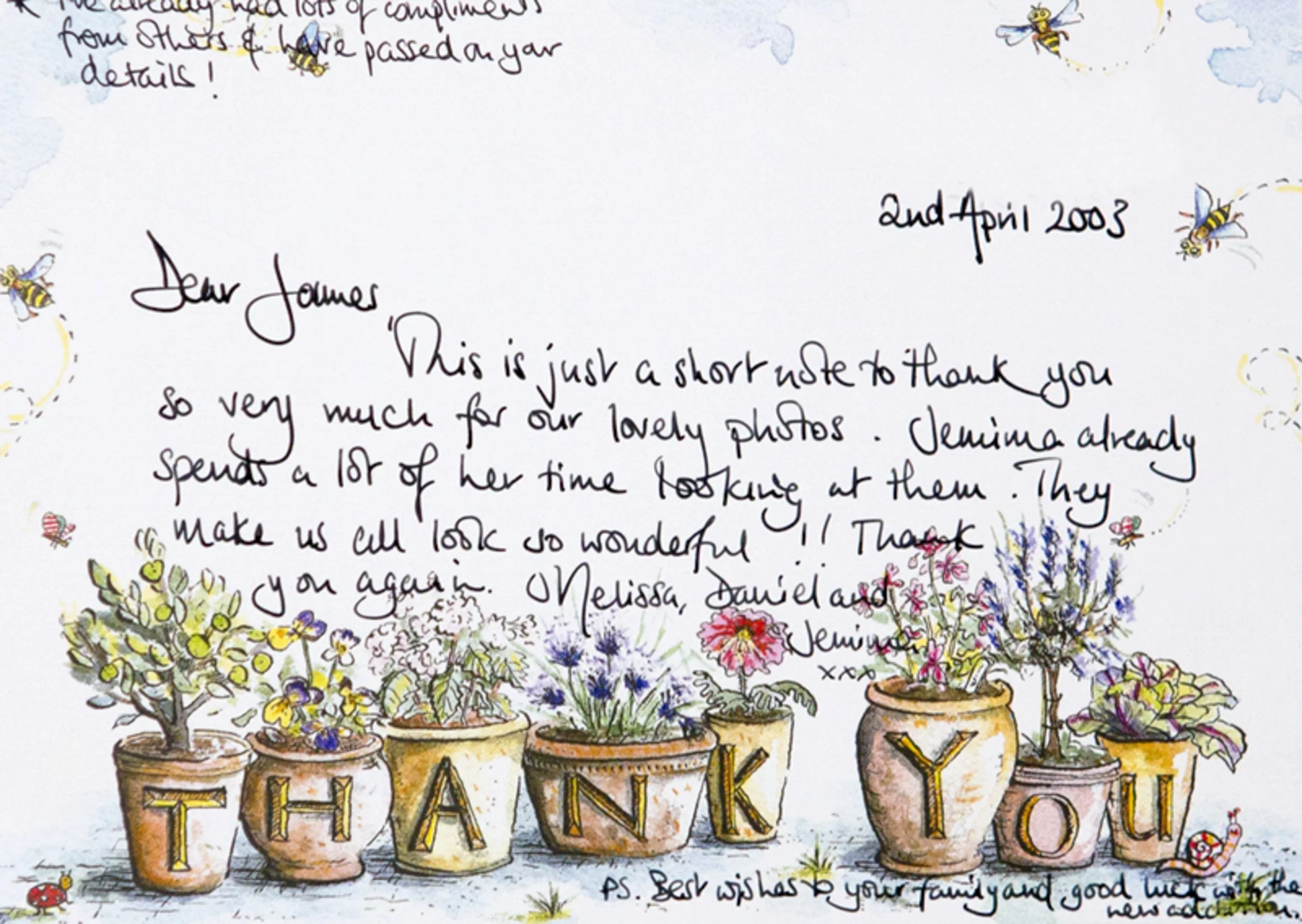 A handwritten thank you note with colorful illustrations of potted plants and bees. The note is dated April 2, 2003, and is addressed to James, thanking him for photos and mentioning that Jemima spends a lot of her time looking at them. The message i
