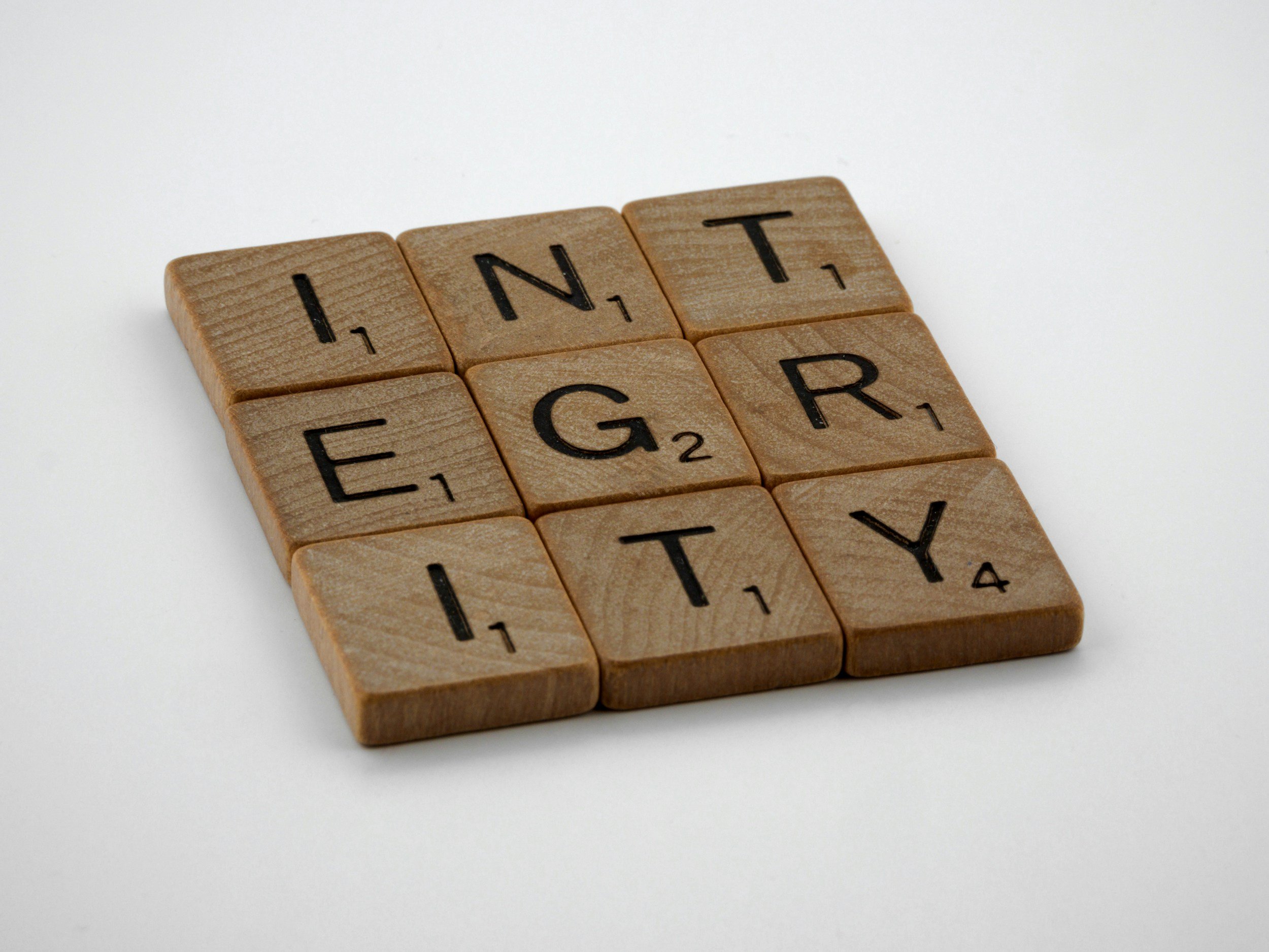 Scrabble tiles spelling 'INTEGRITY' on a white background.