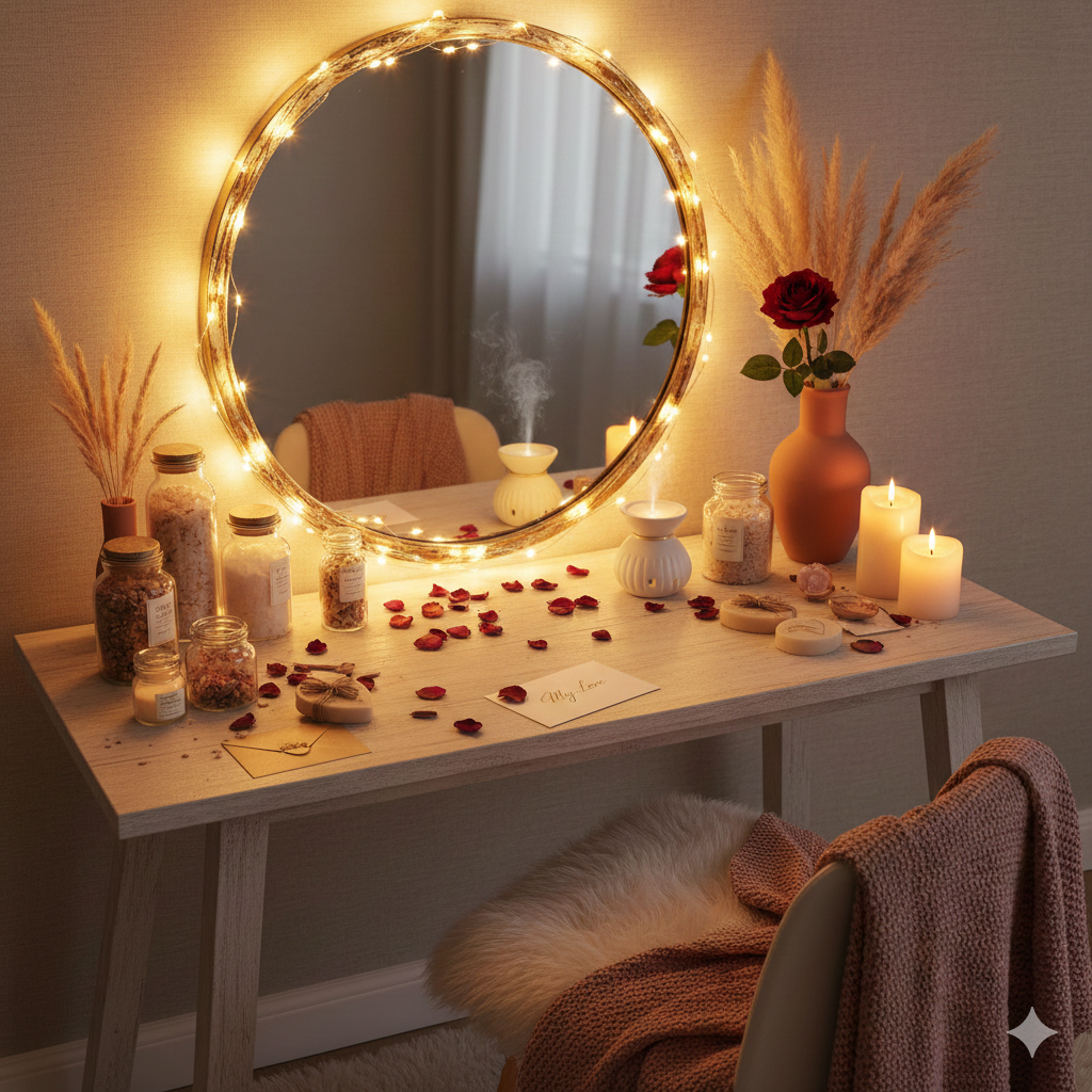 Romantic Valentine's Day vanity setup featuring a light wood dressing table decorated with warm LED fairy lights around a circular mirror, dried pampas grass, red roses in a terracotta vase, and flickering candles in a cozy, neutral-toned room.